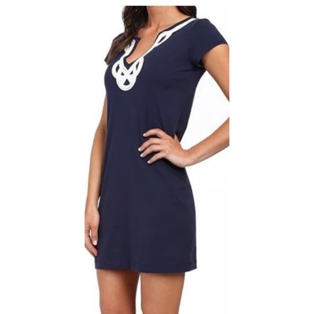 WB4 Lilly Pulitzer Women's Navy Blue Knit T-Shirt‎ Dress with White Trim